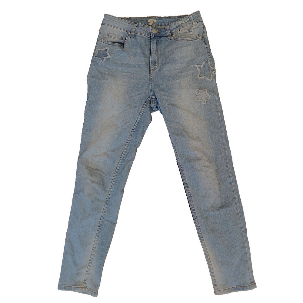 Reba Skinny Stretch Jeans Womens 8 Mid Rise Light Wash Denim Distressed Stars